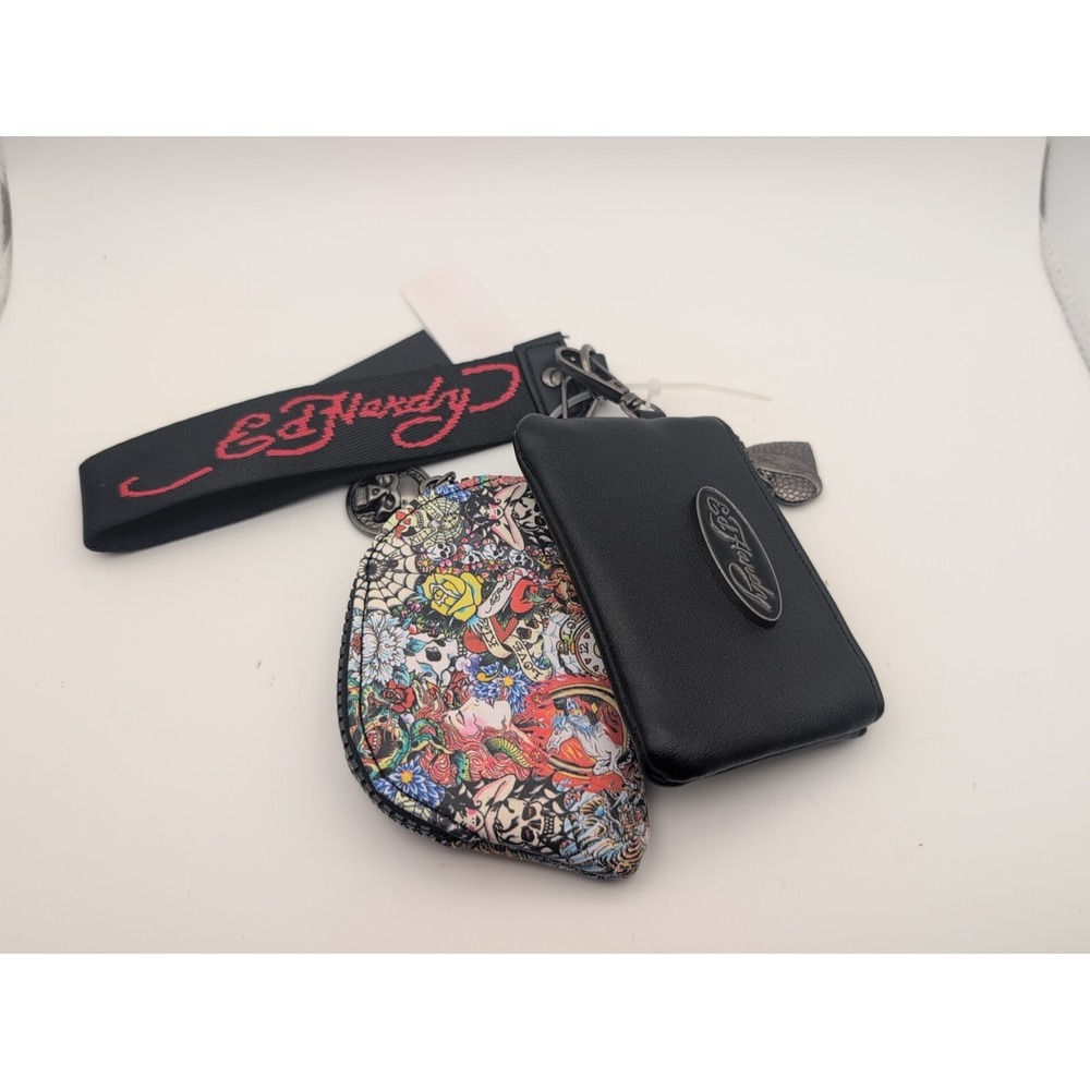 NWT Ed Hardy Double Pouch Wristlet One Black One Multi Tattoo Skull Tiger Flower